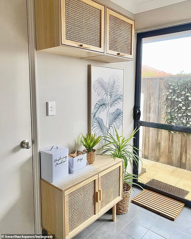 Samantha, who works as Kmart Hack Queen, bought the sideboard (bottom) and two matching rattan tables for $ 39 which she turned into a mounted shelf (top)