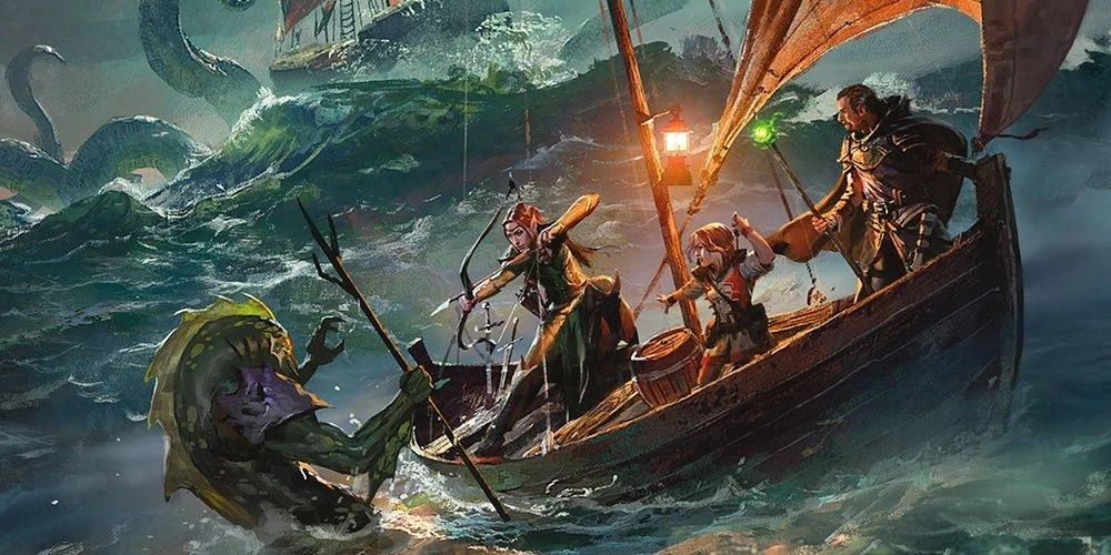 A ship caught in a stormy ocean battling a sea creature