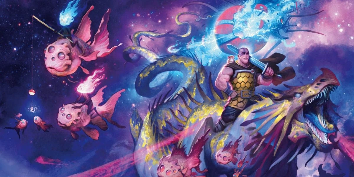 'Spelljammer' product image: a muscular man with purple skin rides a space creature through chased space