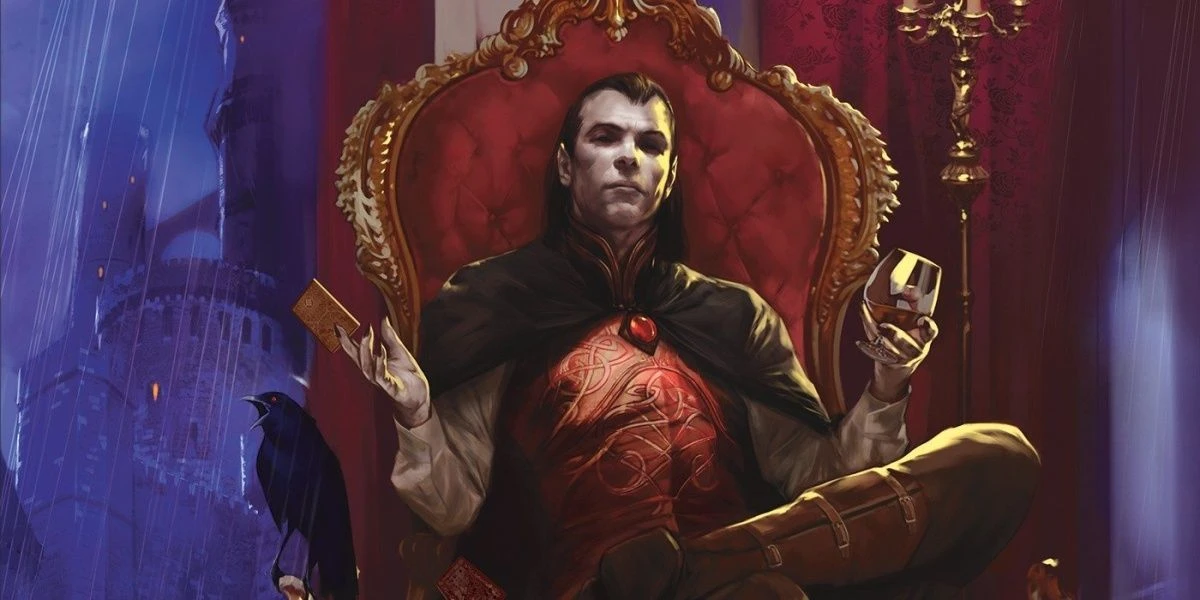Vampire Strahd lying on a throne holding wine and an envelope