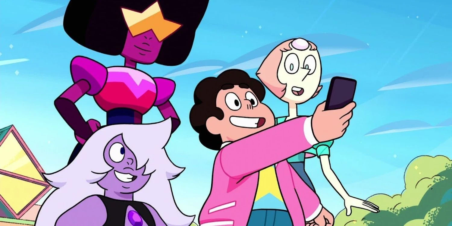 An animated boy selfie with three women