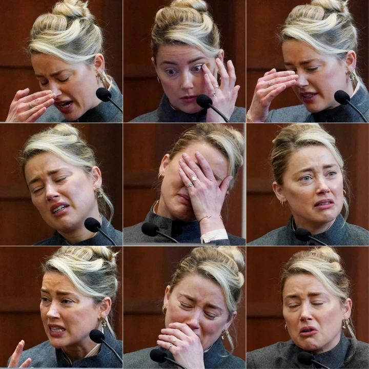 This combination of images created on May 16, 2022 shows American actress Amber Heard as she testifies in the courtroom at the Fairfax County Circuit Courthouse in Fairfax, Virginia.